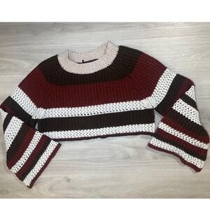 Shein Striped Cropped Chunky Knit Sweater Bell Sleeve Brown Burgundy Cream Boho